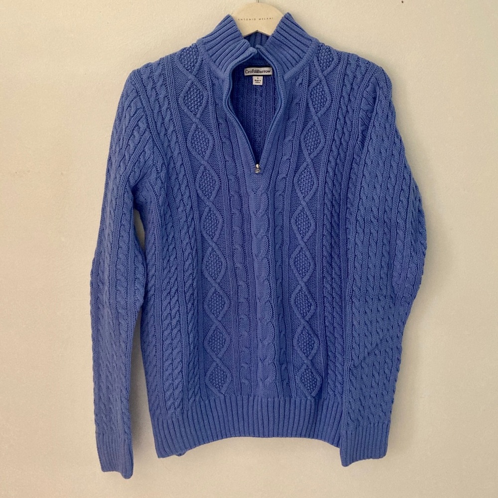 🌟 EUC Blue Cotton Cable Zippered Mock Turtleneck